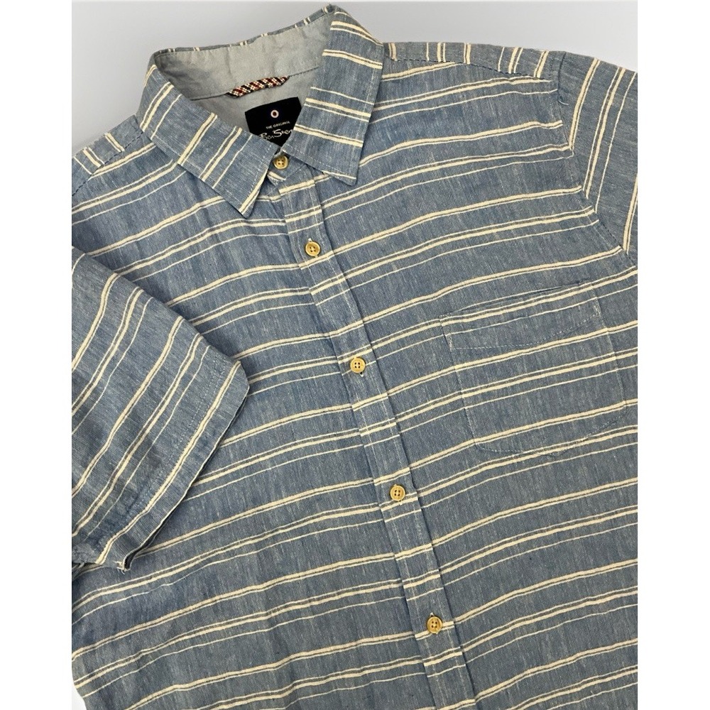 Ben Sherman | Men's‎ Sky Blue White Stripe Linen Blend Button Down Shirt Sz L